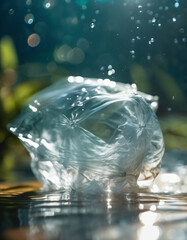 Crumpled clear plastic bag submerged underwater