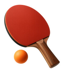 Wooden table tennis paddle with red rubber surface and an orange ping pong ball on transparent background.