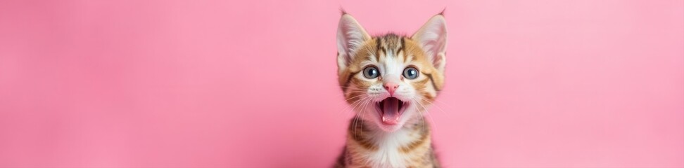 Sweet tabby kitten, pink background, open mouth, curious gaze, cute, curious, cat