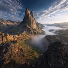 Mountain peak pierces clouds, dramatic light