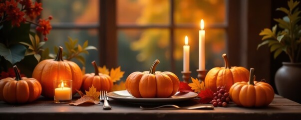 Obraz premium Warm autumnal table setting, candles glow, pumpkins, fall leaves , setting, nuts, Thanksgiving