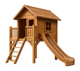 Wooden children's playhouse with a slide and ladder, designed for outdoor fun and imaginative play on transparent background.