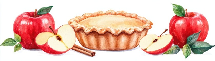 Fresh Apple Pie Surrounded by Juicy Red Apples and Cinnamon
