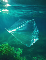 Crumpled clear plastic bag submerged underwater