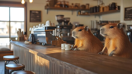 Two capybaras sitting at the counter in a coffee shop. A whimsical and unique image.