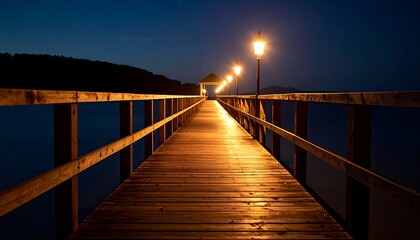 Obraz premium Walking on Wooden Pier at Night with Glowing Lights Along the Way