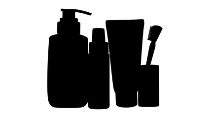 Silhouette of bathroom essentials including lotion bottle spray bottle toothpaste and toothbrush holder