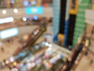Abstract bokeh image of a shopping mall with blurred lights and colorful bokeh effects.