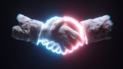A futuristic digital handshake symbolizing partnership and collaboration in a technology-driven world.