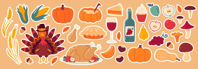 Thanksgiving sticker set. Autumn holiday. Traditional food, harvest festival, pumpkin, turkey and pie, corn, wine, candle, pilgrim hat and harvest. Flat Vector illustration