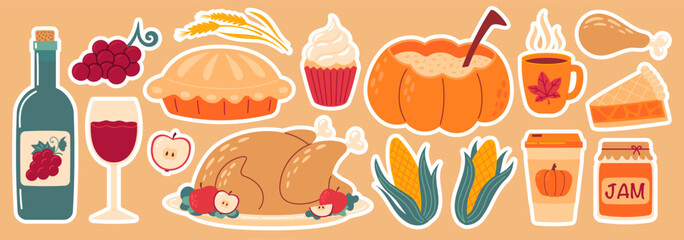 Thanksgiving food sticker set. Autumn holiday, traditional dishes, harvest festival, pumpkin, turkey and pie, corn, wine and harvest. Flat Vector illustration isolated on white background