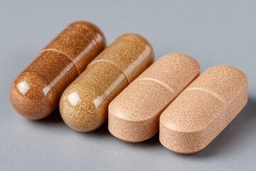 Different types of health supplements displayed on a neutral background emphasizing their unique textures and colors