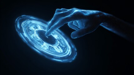 A futuristic holographic interface being activated by a human hand, showcasing technology and innovation.