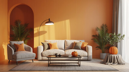 Fototapeta premium Warm living room with orange walls, cozy furniture, and autumnal decor. 