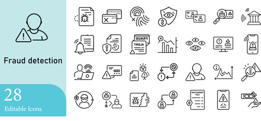 Collection of twenty eight fraud detection editable icons depicting financial security threats cybersecurity issues and banking transactions