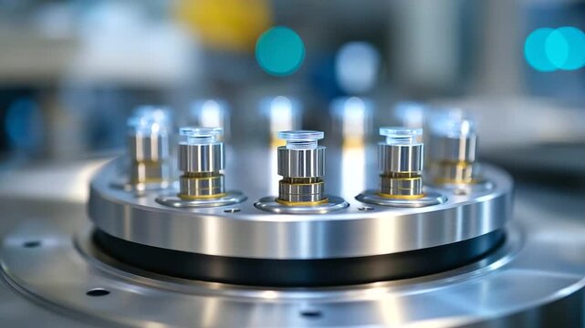 Close-up perspective of a valve plate array featuring steel discs and dosing valves.
