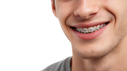 Obraz premium young smiling handsome man with metal braces on teeth on white background, dentistry, orthodontics, teeth alignment, bite, oral health