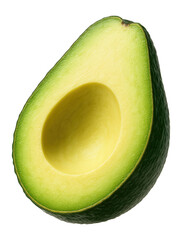 Fresh half of a ripe avocado with a smooth, creamy interior and rough green skin on transparent background.
