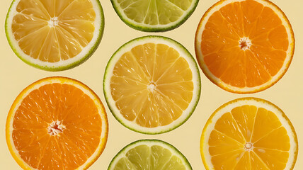Obraz premium Citrus slices arranged in a pattern. Vibrant colors. 