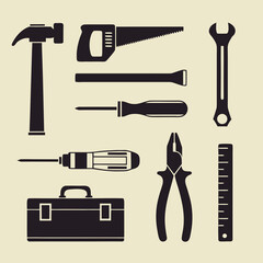 Black Silhouette Icons of Various Hand Tools on a Light Beige Background construction repair