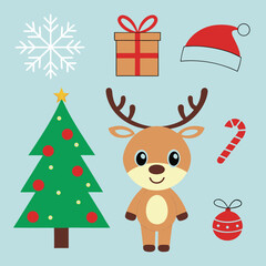 Fototapeta premium Cute Christmas Icons Featuring Reindeer Snowflake Gift Tree and Santa Hat holiday winter