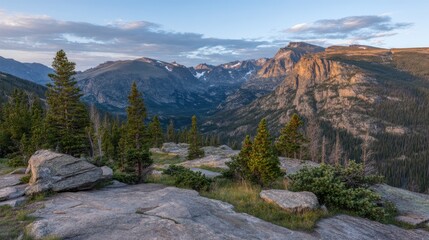 scenic mountain landscape with pine trees and rocky foreground