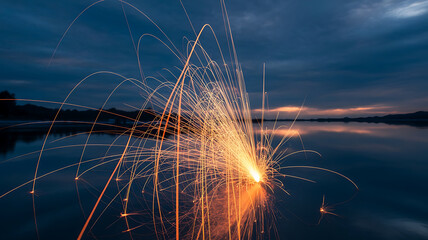 Sparkler explodes over water, creating fiery trails.
