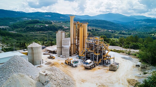 Aerial view of a cement plant in a valley, with trucks and storage silos
