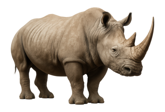 A realistic depiction of a rhinoceros with prominent horn and textured skin on transparent background.