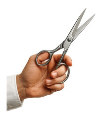 A person holding metal scissors in their hand with a firm grip, wearing a white shirt sleeve on transparent background.