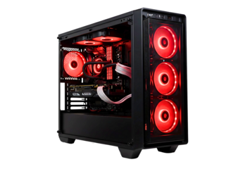 Modern gaming computer tower with RGB  led fans isolated on transparent background