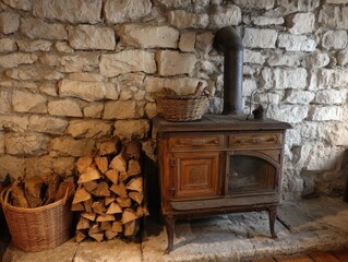 Aged wood-burning stove in stone-walled room.  Stacked firewood beside it