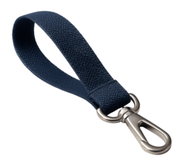 Dark blue woven keychain strap with a metal swivel clasp attached, on transparent background.