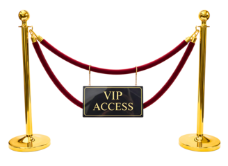 Golden stanchions with velvet rope and vip access sign isolated on transparent background