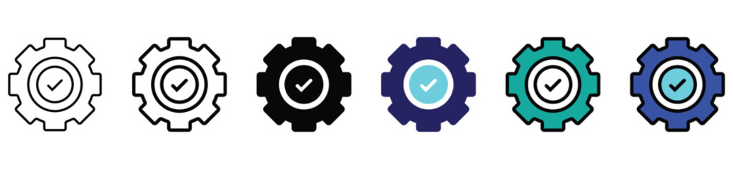 Gear with Checkmark Icon Set – Verified Settings, Quality Control, and System Approval Symbols