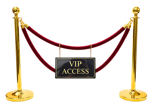 Golden stanchions with velvet rope and vip access sign isolated on transparent background