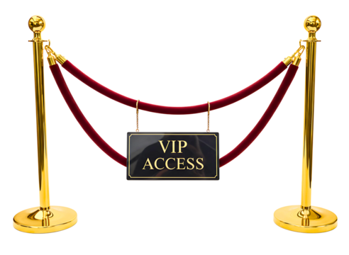 Golden stanchions with velvet rope and vip access sign isolated on transparent background
