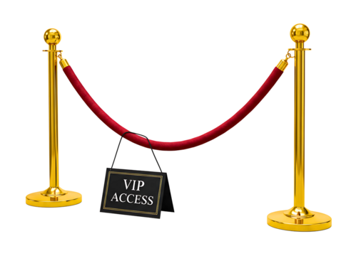 Golden stanchions with velvet rope and vip access sign isolated on transparent background