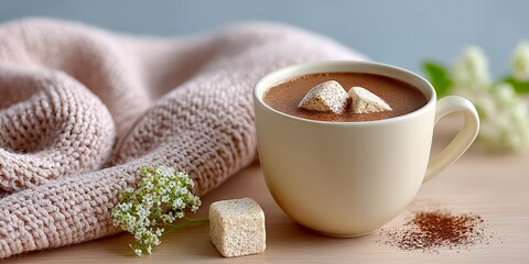 Cozy morning with hot chocolate and marshmallows on wooden table