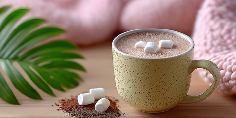 Cozy hot chocolate with marshmallows and tropical leaves on wooden table
