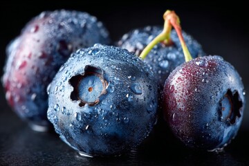 Freshly washed blueberries glistening with water droplets on a dark background