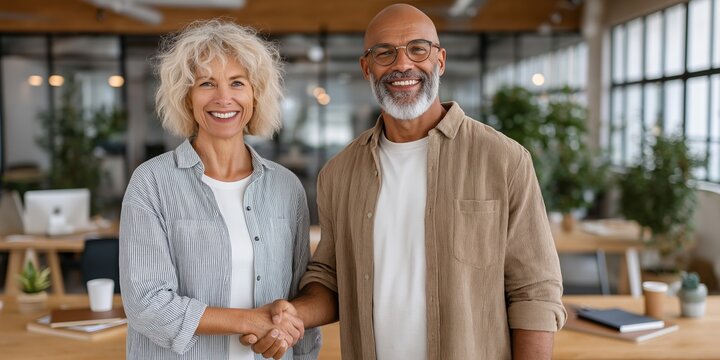 Mature male and female shaking hands in modern office setting