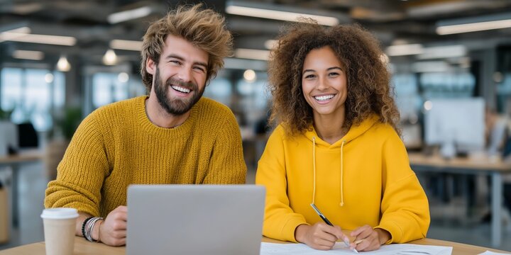 Smiling caucasian male and african female young adults collaborating in modern office