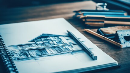 architectural blueprint of modern house with pencil and tools