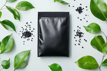 Black pouch with green leaves and black stones around