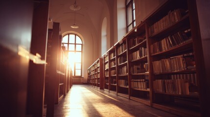 Futuristic glowing library with sunlight streaming through windows