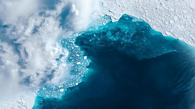 Aerial view of arctic ice floes meeting dark blue water. Clouds drift above