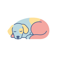 A stylized illustration of a contented dog peacefully sleeping curled up in a relaxed pose, showcasing a simple, modern design with soft pastel colors.