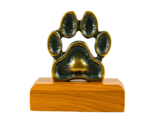 Bronze paw print trophy on wooden base isolated on transparent background