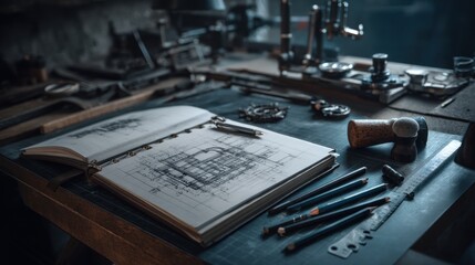 architectural blueprint sketch with drafting tools and papers